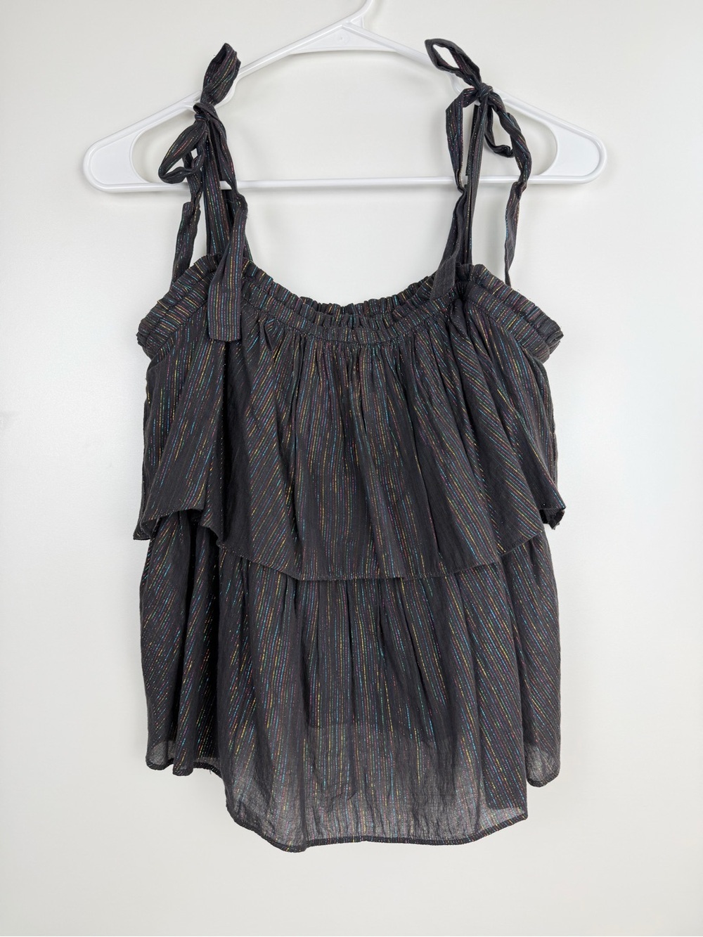 La Vie Rebecca Taylor Lurex Metallic Stripe Tie-Shoulder Tier Top Size Medium - Picture 4 of 13